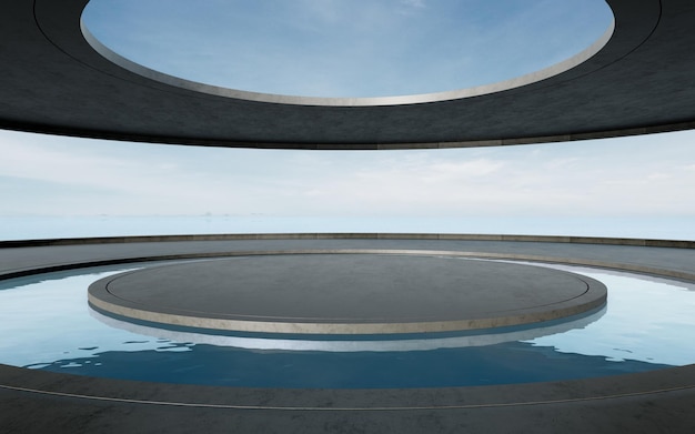 Round concrete podium empty floor 3d rendering of abstract exterior space with sky background