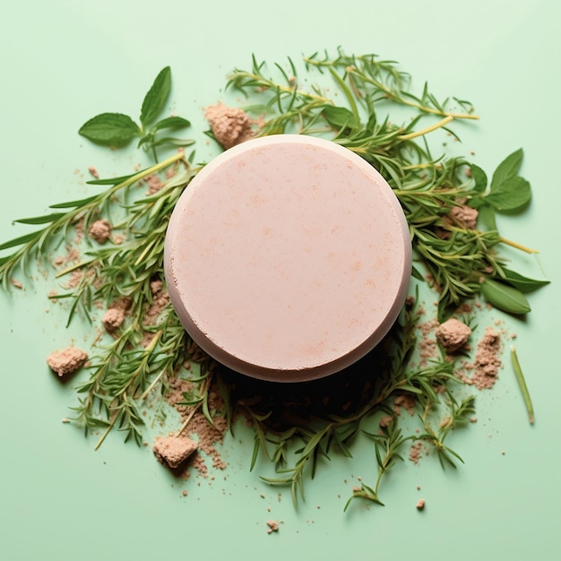 a round container of cream with a pink lid and some green leaves.