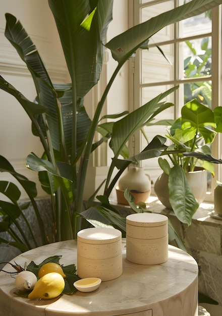 Photo round containers on wooden table with tropical plants