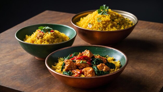 A round copper tray with three copper bowls One bowl is filled with yellow rice another with spina