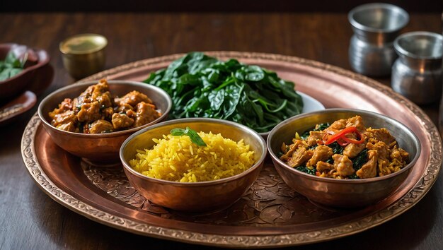 A round copper tray with three copper bowls One bowl is filled with yellow rice another with spina