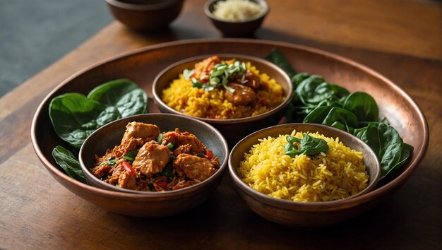 A round copper tray with three copper bowls One bowl is filled with yellow rice another with spina