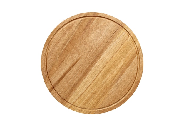 Round cutting board wooden for pizza empty isolated on white background with clipping path