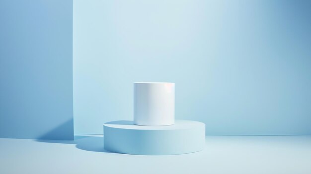 Round cylinder podium for products or cosmetics against light pastel blue background Generative AI