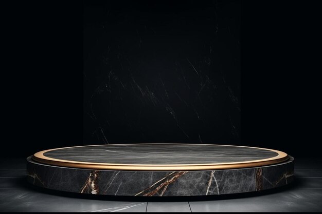 Round dark marble podium on black marble background