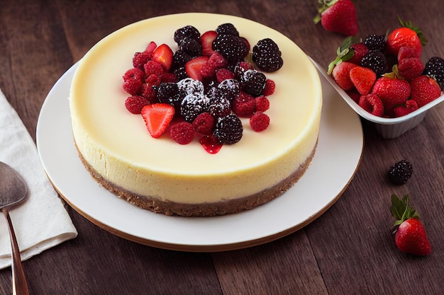 Round delicious cheesecake with fresh berries sprinkled with powdered sugar