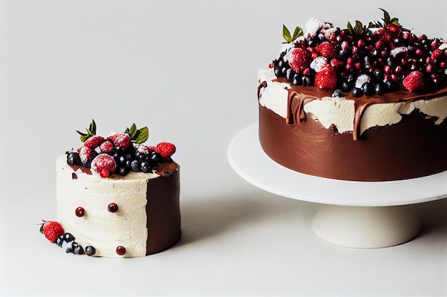 Round delicious fruit cake decorated with chocolate cream and berries