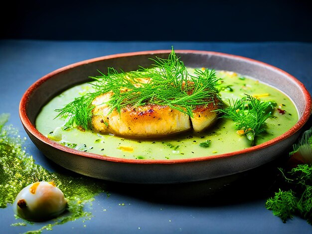 A round dish Fish with almond slice in Ginger and chili fresh dill sauce with green vegetables