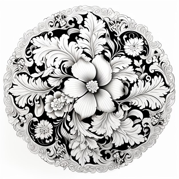 Round Doily Coloring Page in Black and White