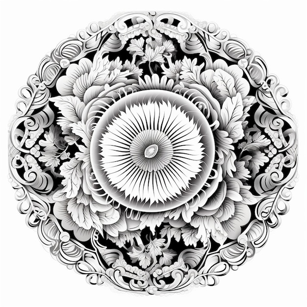 Round Doily Coloring Page in Black and White