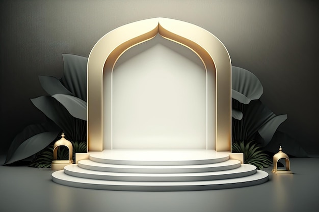 Round empty podium platform product display luxury gold white tropical minimalist AI Generated