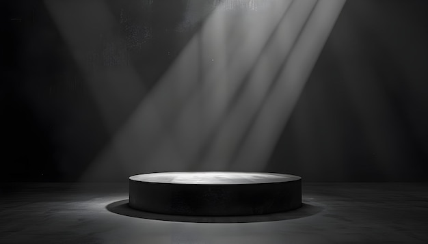 Round empty podium for product display under light rays with black background