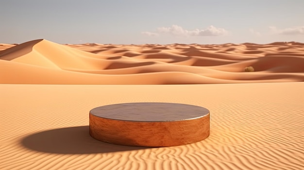 Round Empty Wooden Slice Podium on a desert sand podium for product display