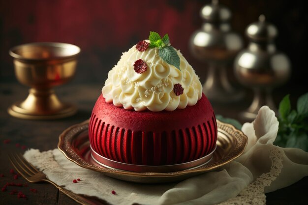 Round festive red velvet cake with cream on table created with generative ai