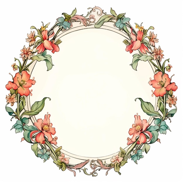 a round floral frame with flowers and leaves on a white background generative ai