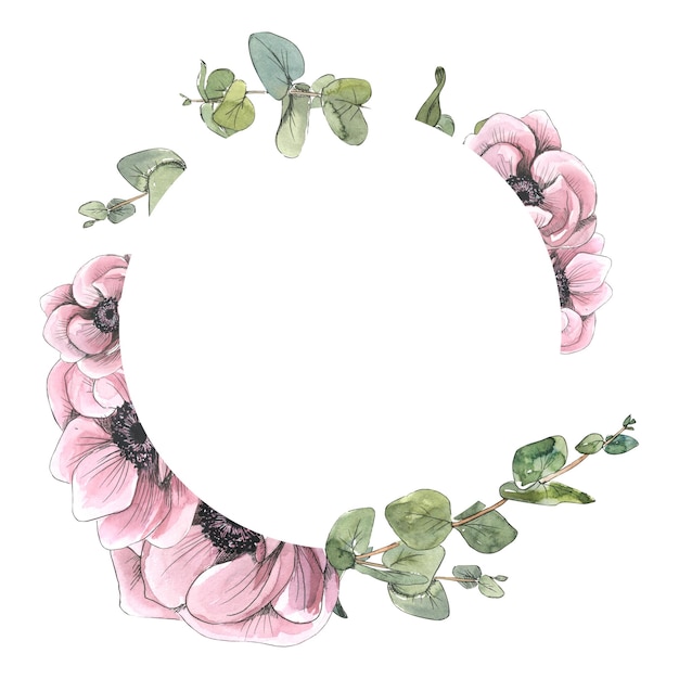 Round frame with anemone flowers eucalyptus twigs Watercolor illustration in sketch style with graphic elements A wreath from a large set of PARIS For the design and decoration