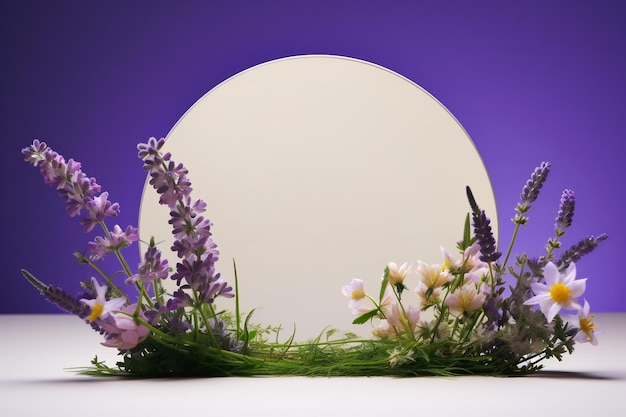 Round frame with flowers on a purple background Place for your text