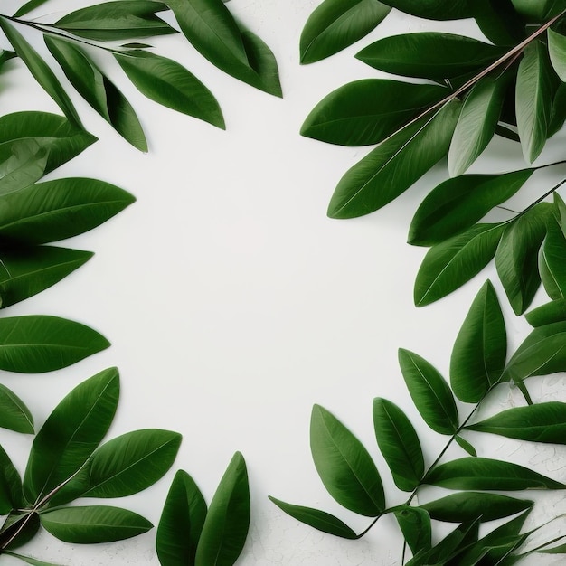 Round frame with green branches leaves isolated on white background Lay flat