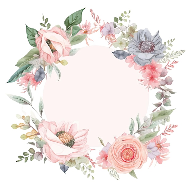 A round frame with a pink flower and a green leaf.