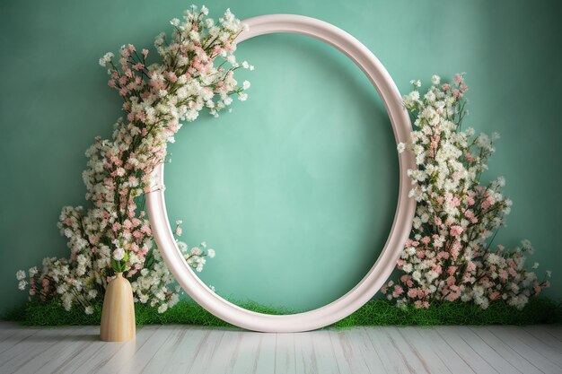 A round frame with pink flowers in front of a green wall