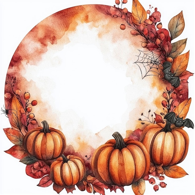 a round frame with pumpkins and a pumpkin with a spider web on it