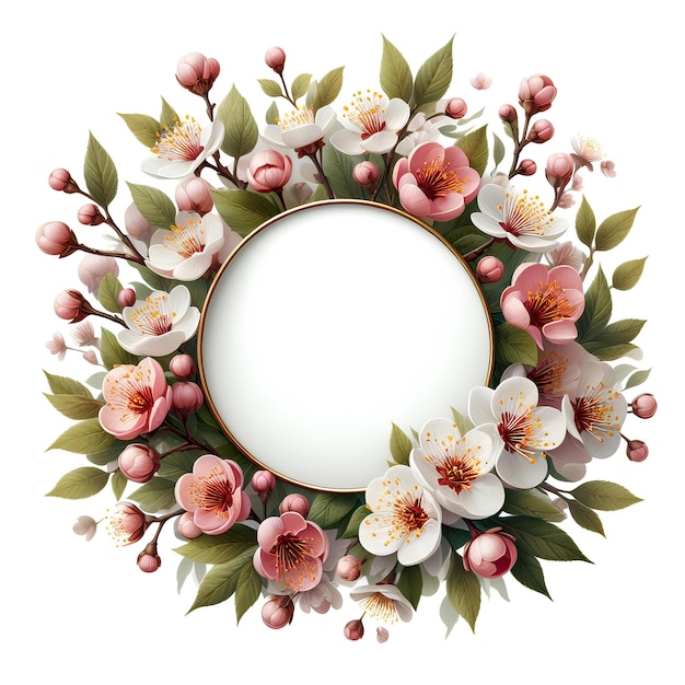 Photo round frame with spring blossom flowers branch around and empty center isolated on white background