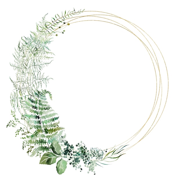 Round frame with Watercolor fern twigs with green leaves isolated illustration botanical wedding