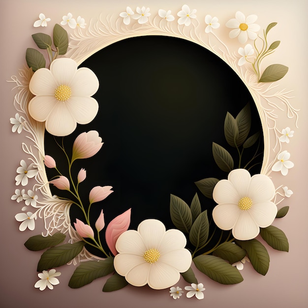 A round frame with white flowers and green leaves on it.