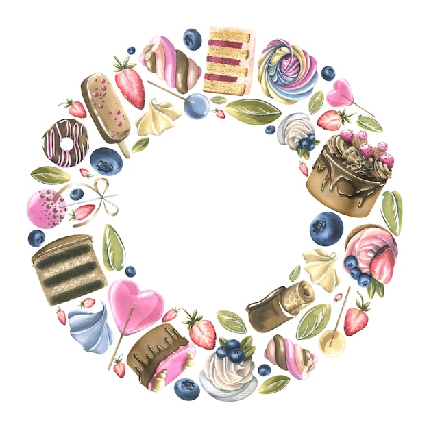 Round frame a wreath of cakes cupcakes lollipops and berries Watercolor illustration from a large set of SWEETS For the design and decoration of menus cafes logos postcards posters