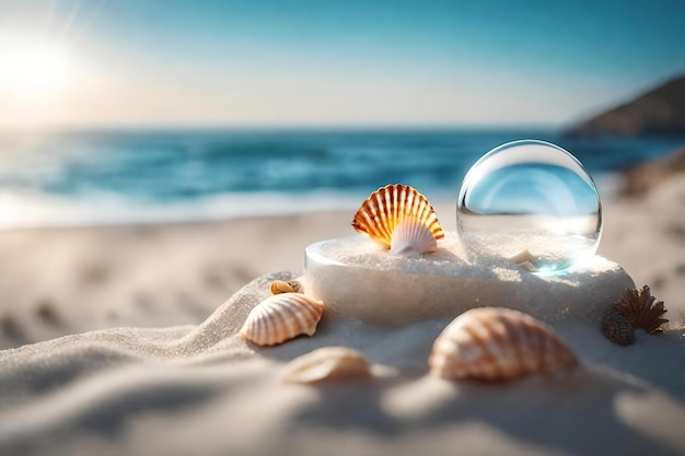 Round glass rock podium scenery with seashell by the sea hyperrealistic materials