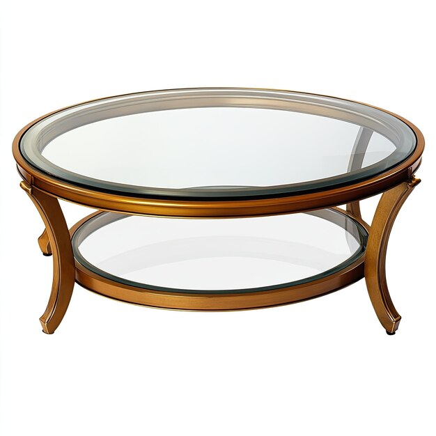 Photo round glass top coffee table with gold trim and curved legs