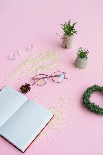 Round glasses in the photo from above with a minimalist concept on a purple paper background with book decorations and plastic plants