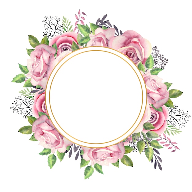 Round gold frame with a watercolor bouquet of flowers