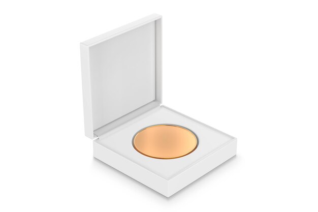 Photo a round gold makeup mirror in a white box.