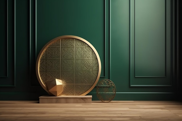 A round gold plate sits on a green wall in a room with a gold sphere.