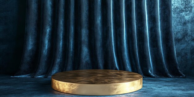 Photo a round gold podium with a matte finish placed in front of a rich velvet curtain background in deep