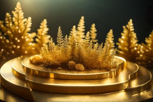 Round golden plastic podium scenery with golden corals in the forest hyperrealistic materials