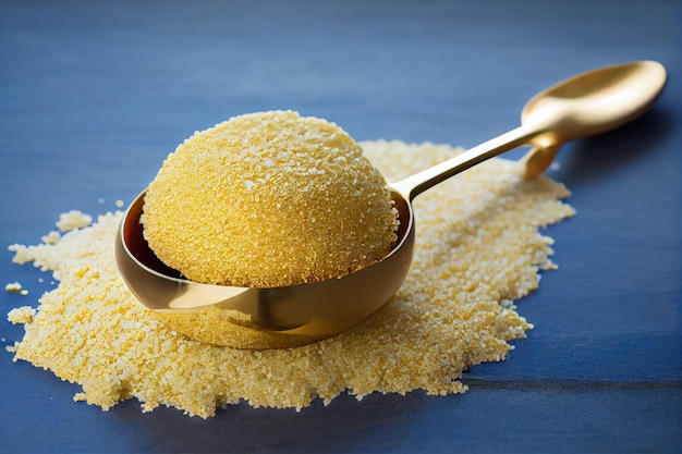 Round golden sponge cake crumbs with decoration in form of spoon