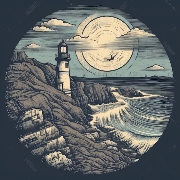 A round graphic of a lighthouse with a bird flying in the sky.