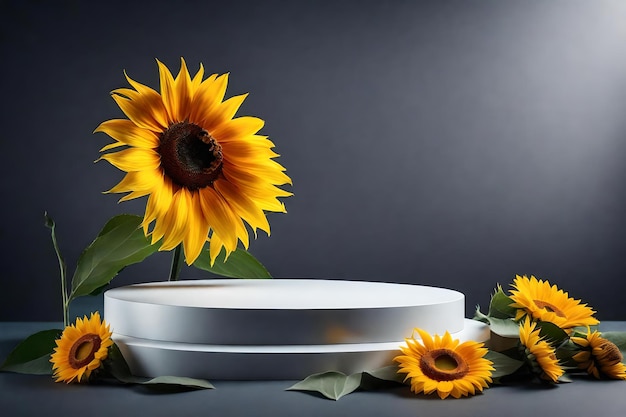 Round grey plastic cosmetic podium background with sunflower in the photo studio hyperrealistic materials