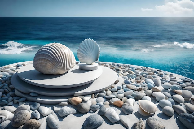 Round grey stone podium composition with seashell by the blue ocean hyperrealistic materials