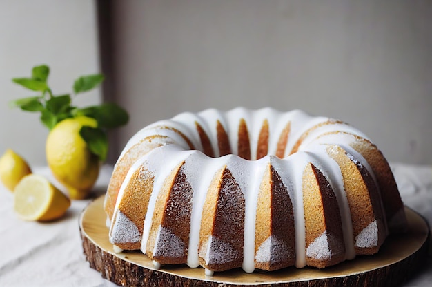 Round homemade lemon cake on pedestal with citrus