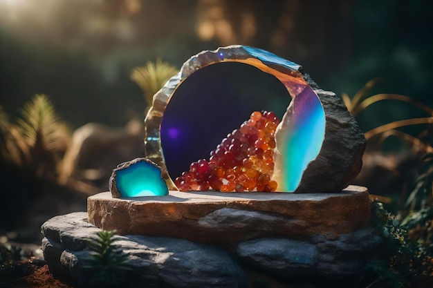 Round iridescent rock cosmetic podium scenery with agate in the forest hyperrealistic materials