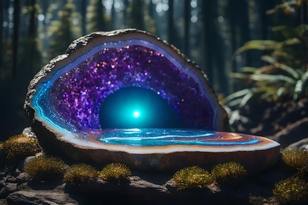 Round iridescent rock cosmetic podium scenery with agate in the forest hyperrealistic materials