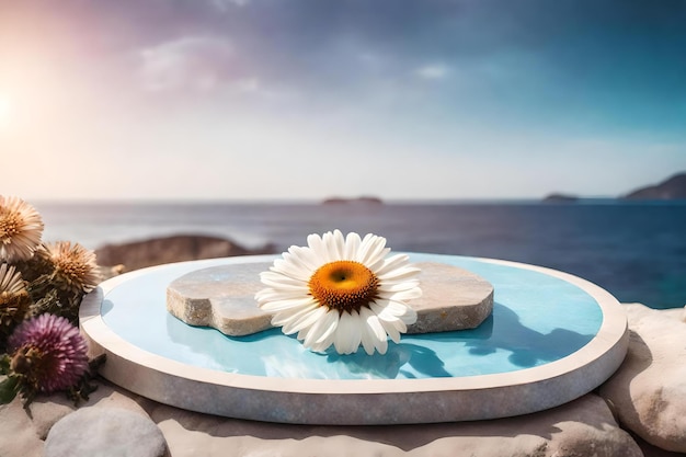 Round iridescent stone cosmetic podium background with dried daisy by the sea hyperrealistic materials