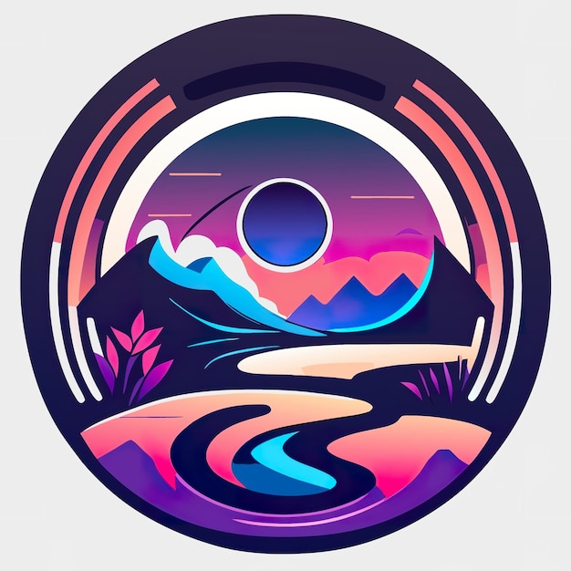 Round logo with nature with plants and mountains in soft colors Generative AI