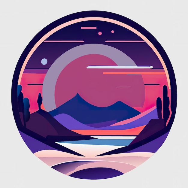 Round logo with nature with plants and mountains in soft colors Generative AI