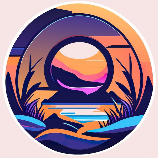 Round logo with nature with plants and mountains in soft colors Generative AI