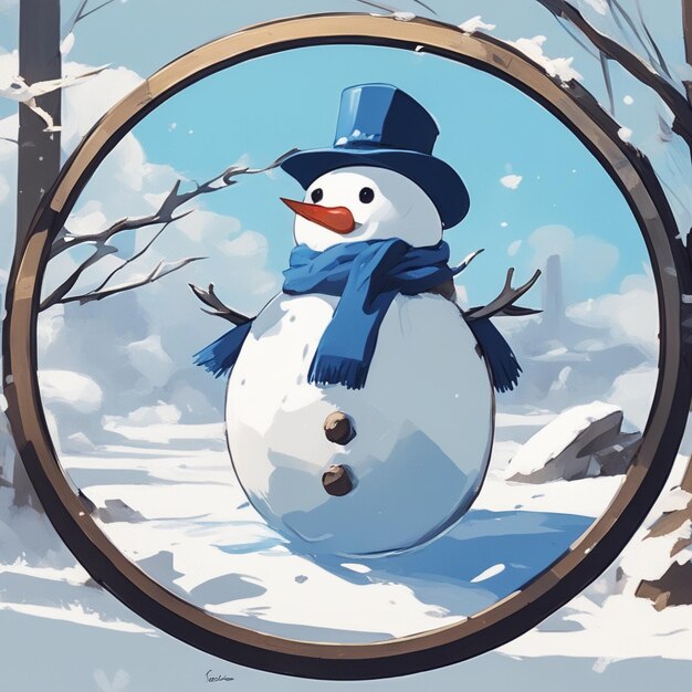 Round logo with snowman cute character white and blue colors