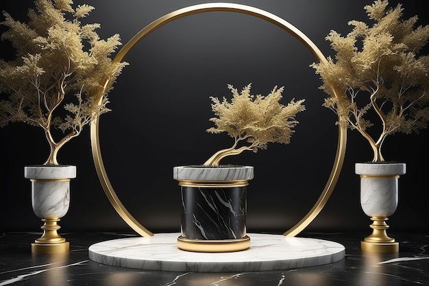 Round marble pedestal Surrounded by tree golden picture frames and Background is black stone Pedestal Can be used for commercial Minimalist Black Isolated on black background 3D rendering